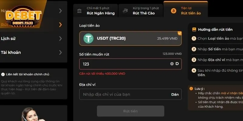 Rút tiền DEBET qua tiền ảo